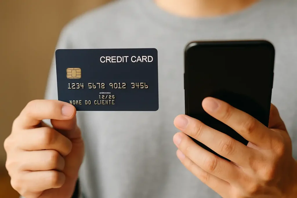 Como os cartões de crédito estão integrando IA para personalizar limites, alertas e recompensas 2 Pessoa segurando um smartphone e um cartão físico, representando o uso de tecnologia e inteligência artificial em cartões de crédito.