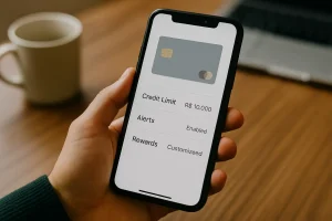 Mão segurando celular com aplicativo exibindo limite, alertas e recompensas personalizadas em cartões de crédito.