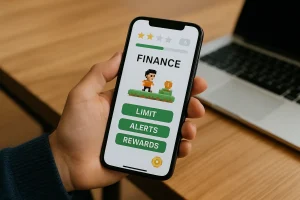 Homem segurando smartphone com aplicativo de finanças gamificado, exibindo árvore com moedas e pontuação, simbolizando a gamificação financeira como ferramenta de educação e incentivo a investimentos.