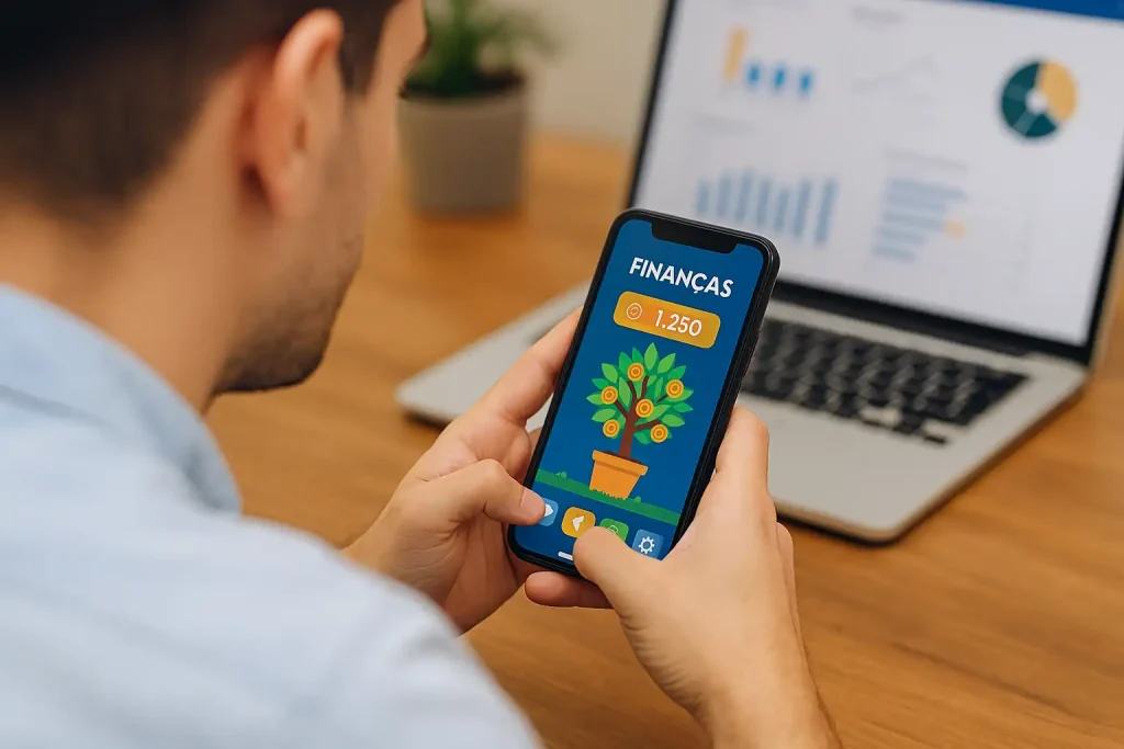 Homem usando aplicativo de celular com interface lúdica de árvore com moedas, representando a aplicação da gamificação financeira para incentivar hábitos de poupança e investimento.