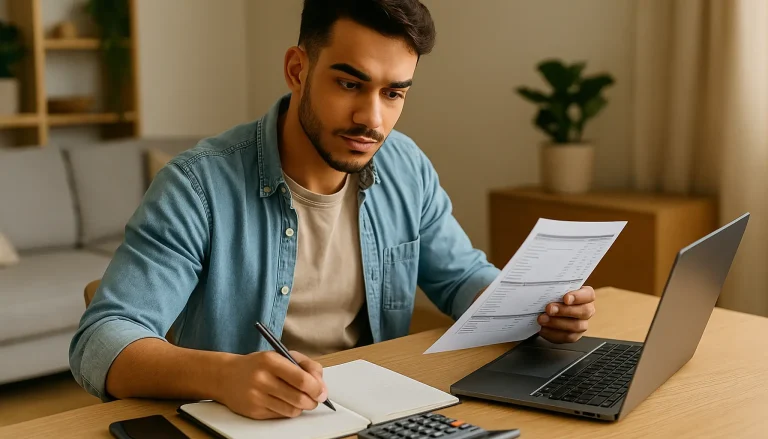 Homem jovem analisando planilhas e fazendo anotações em casa, transmitindo disciplina e organização para alcançar renda extra com serviços digitais.