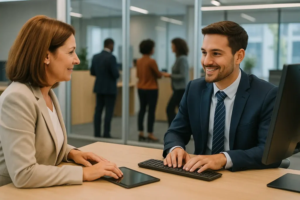 Agência bancária sem papel: como os bancos brasileiros estão digitalizando todos os processos em 2025 2 Cliente sendo atendida em agência bancária sem papel, utilizando tablet e serviços digitais em ambiente moderno.