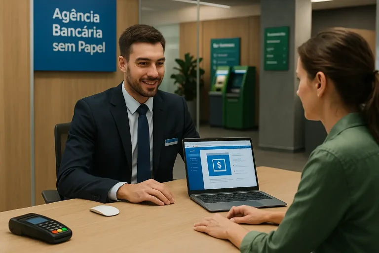 Início 18 Atendente de banco em uma agência bancária sem papel mostrando serviços digitais no notebook para cliente.