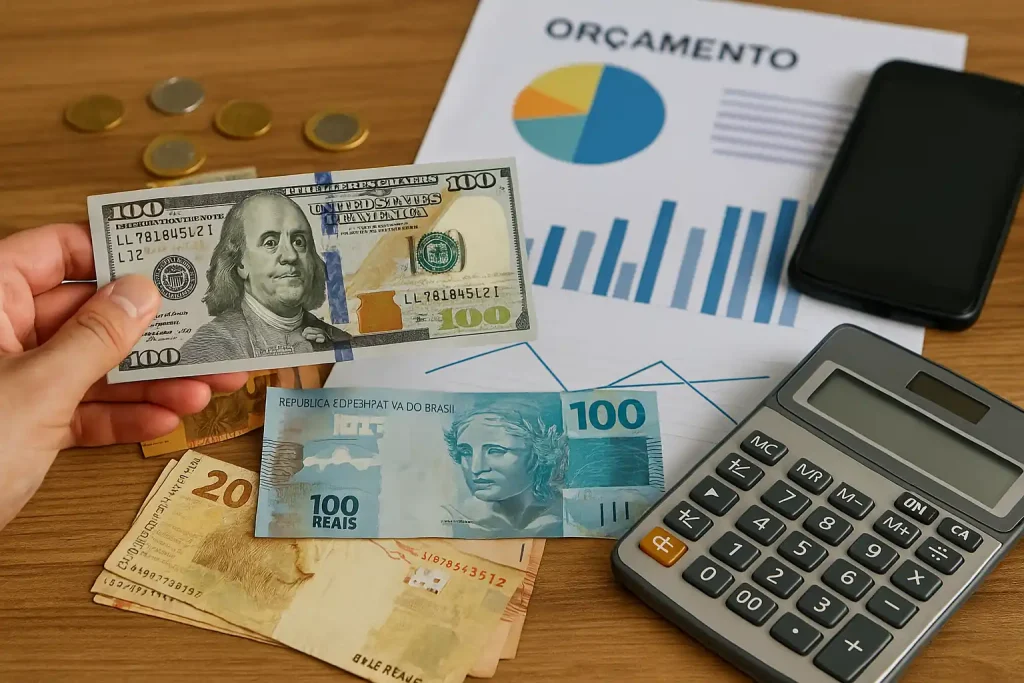 Como a alta do dólar impacta diretamente as finanças pessoais e investimentos dos brasileiros 2 Pessoa segurando nota de dólar entre cédulas de real, calculadora e planilha de orçamento, evidenciando como a alta do dólar impacta diretamente as finanças pessoais.