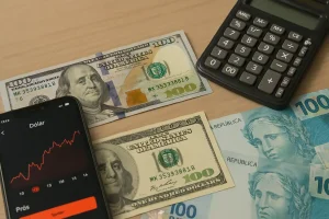 Cédulas de dólar e real ao lado de calculadora e celular com gráfico, mostrando como a alta do dólar impacta diretamente as finanças pessoais.