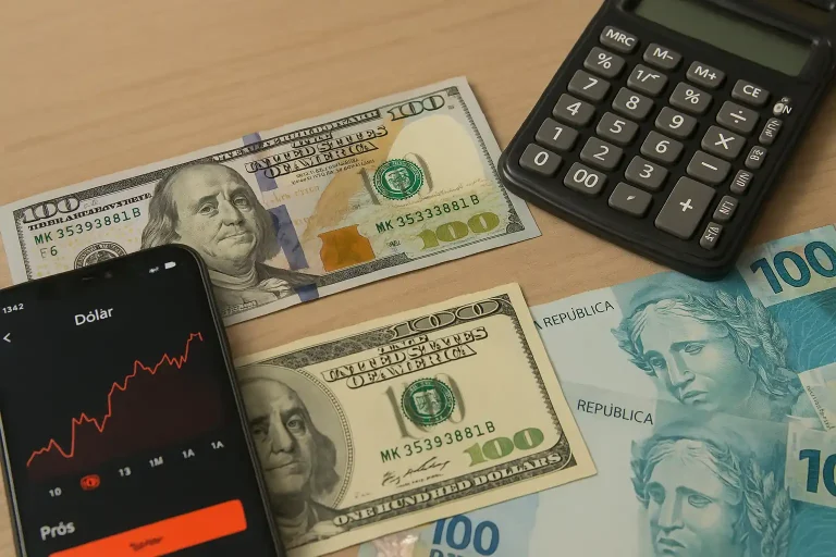 Início 9 Cédulas de dólar e real ao lado de calculadora e celular com gráfico, mostrando como a alta do dólar impacta diretamente as finanças pessoais.