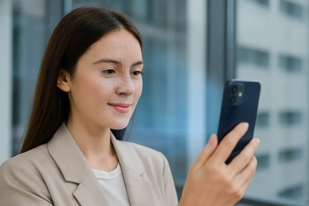 Como os bancos brasileiros estão ampliando o uso de biometria facial para autenticar transações 2 Mulher realizando biometria facial para autenticar transações em ambiente digital seguro.