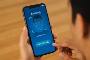 Cliente utilizando biometria facial para autenticar transações em aplicativo bancário no celular.