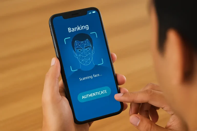 Início 16 Cliente utilizando biometria facial para autenticar transações em aplicativo bancário no celular.