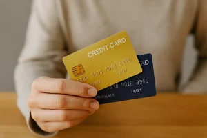 Pessoa segurando dois cartões com limites compartilhados sobre uma mesa de madeira, representando controle financeiro.