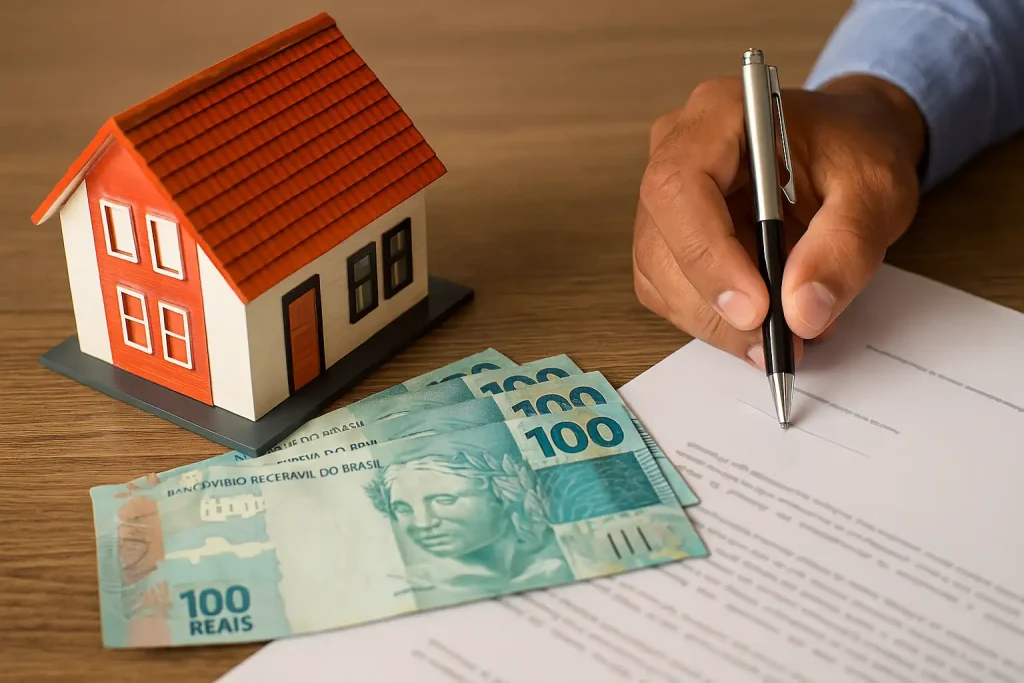A volta dos consórcios no Brasil: alternativa ao financiamento tradicional em 2025 2 Assinatura de contrato ao lado de maquete de casa e notas de 100 reais, simbolizando consórcios no Brasil como alternativa ao financiamento.