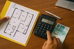 Pessoa analisando planta de imóvel e calculando valores com nota de 100 reais sobre a mesa, representando consórcios no Brasil em 2025.