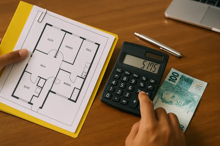 Pessoa analisando planta de imóvel e calculando valores com nota de 100 reais sobre a mesa, representando consórcios no Brasil em 2025.