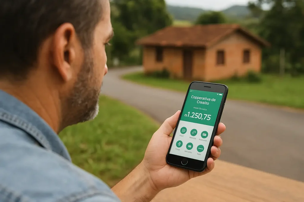 O papel das cooperativas de crédito no interior do Brasil: inclusão financeira e taxas mais baixas 2 Homem usando aplicativo de cooperativas de crédito no interior do Brasil em smartphone, sentado em área rural diante de casa simples.