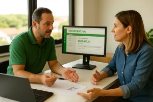 Atendimento entre consultor e cliente em escritório de cooperativas de crédito no interior do Brasil, discutindo serviços financeiros.