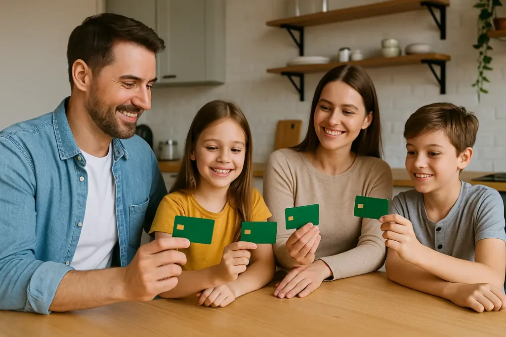 Cartões com limites compartilhados entre família e dependentes: controle financeiro com autonomia 2 Família sorridente reunida à mesa segurando cartões com limites compartilhados, simbolizando união e organização nas finanças.