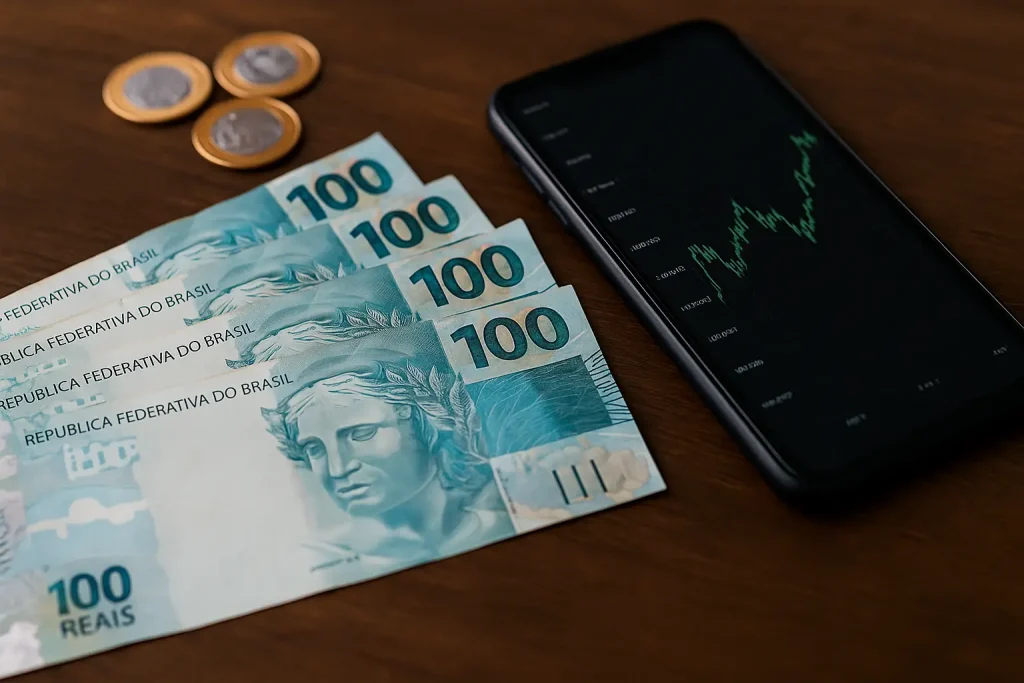 Bancos digitais oferecendo investimentos em renda fixa com liquidez diária: oportunidade ou armadilha? 2 Notas de reais e smartphone exibindo gráfico financeiro, representando investimentos em renda fixa com liquidez diária.