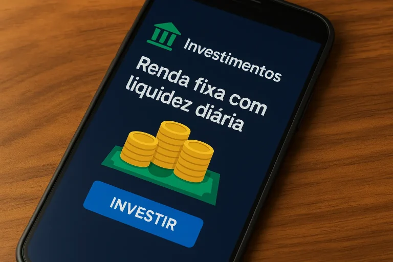 Início 8 Aplicativo de banco digital aberto em smartphone, ilustrando opções de investimento em renda fixa com liquidez diária.