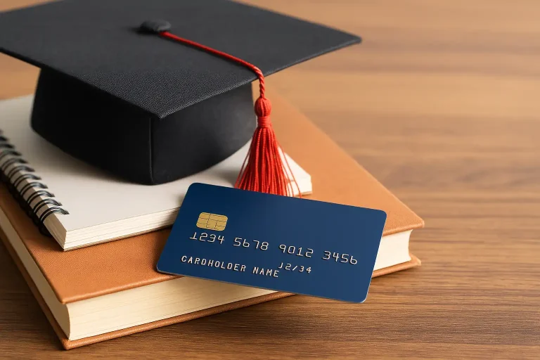 Início 2 Cartão de crédito sobre livros e chapéu de formatura, simbolizando cartões de crédito com benefícios em educação.