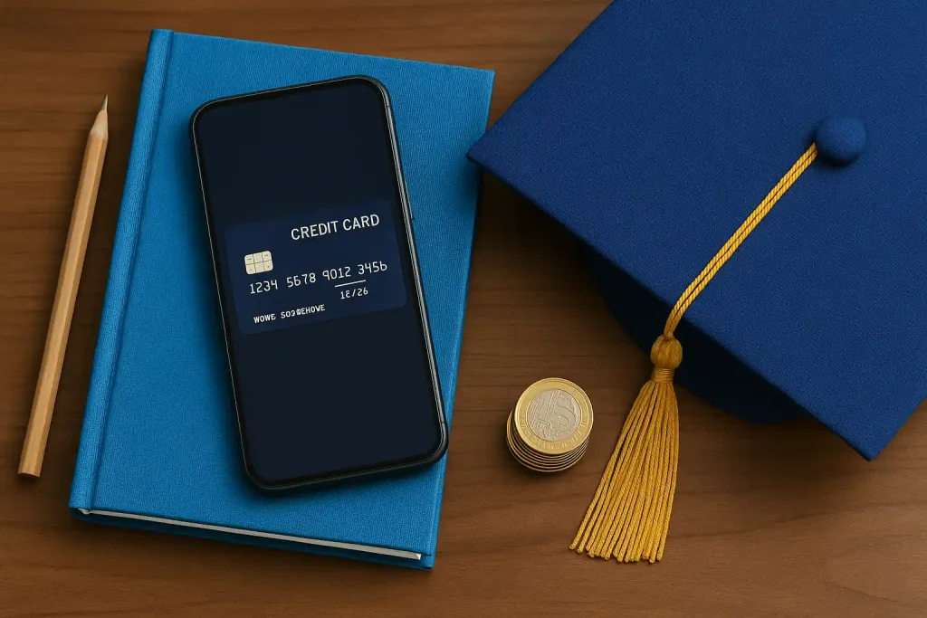 Cartões de crédito com benefícios em educação: descontos em cursos, mensalidades e plataformas digitais 2 Smartphone com cartão digital, moedas e chapéu de formatura, representando cartões de crédito com benefícios em educação.
