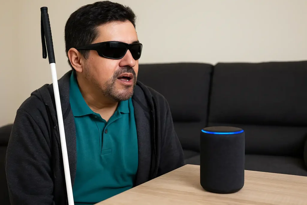 Inclusão bancária por voz: as soluções dos bancos para pessoas com deficiência visual 2 Homem com deficiência visual interagindo com assistente inteligente em casa, representando a inclusão bancária por voz no dia a dia.