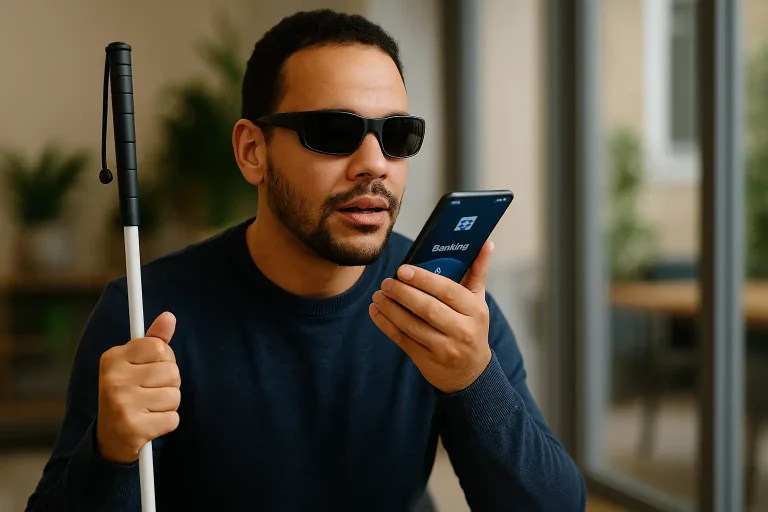 Homem com deficiência visual utilizando inclusão bancária por voz em aplicativo no celular dentro de um ambiente moderno.