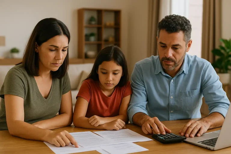 Família reunida em casa calculando despesas e organizando o orçamento familiar com notebook e calculadora.