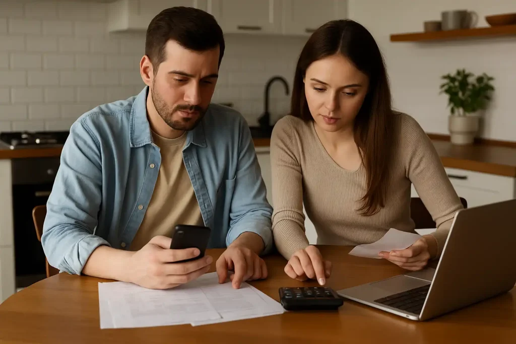 Orçamento familiar em tempos de juros altos: como manter o controle sem abrir mão da qualidade de vida 2 Casal sentado à mesa organizando o orçamento familiar com notebook, celular e calculadora em um ambiente moderno e iluminado.