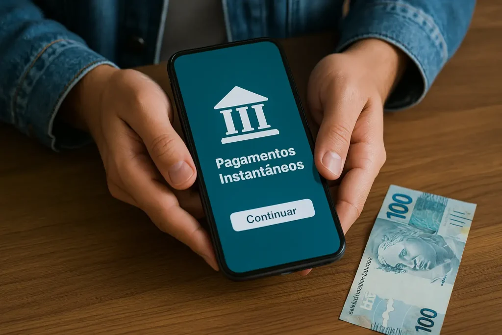 Tendências em pagamentos instantâneos no Brasil além do Pix: o que vem aí em 2025 2 Pessoa utilizando aplicativo de banco em smartphone para realizar pagamentos instantâneos no Brasil, com nota de 100 reais sobre a mesa.