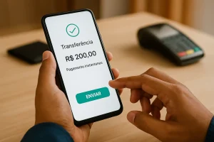 Cliente brasileiro usando smartphone para realizar pagamentos instantâneos no Brasil em 2025, com interface de transferência digital.