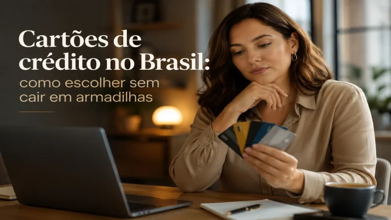 Mulher analisando cartões de crédito em ambiente moderno e elegante, representando a escolha consciente de cartões de crédito no Brasil sem cair em armadilhas financeiras, com notebook e iluminação cinematográfica suave.