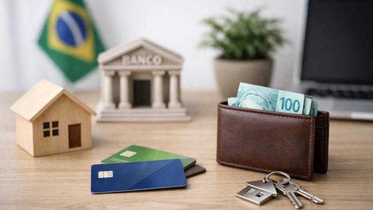 Carteira com dinheiro, cartões, chave com pingente de casa, miniatura de casa e banco, bandeira do Brasil.